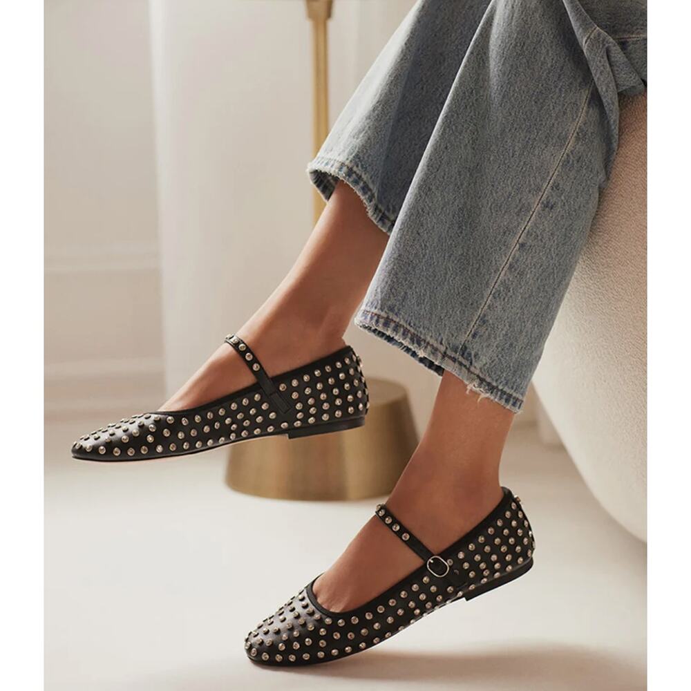 Steve Madden Vinetta Silver Rhinestones Black Mary Jane Flats Women's Size 9.5